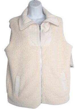 Sage Cream Sherpa Zip Vest with Ribbed Collar